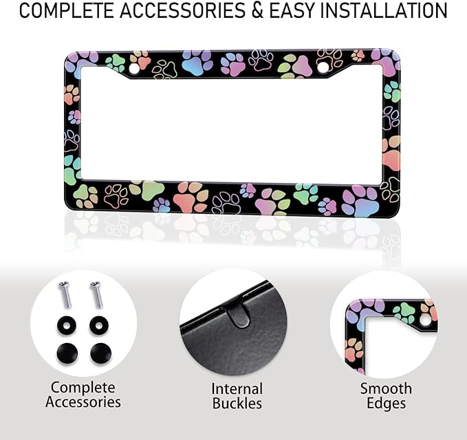 Dog Paw Car License Plate Frames, Colorful Pet Paw Printed License Plate Holder Cover, Metal Aluminum Rustproof Car Accessories for US Canada Standard Women Men 2 Holes with Screw Caps