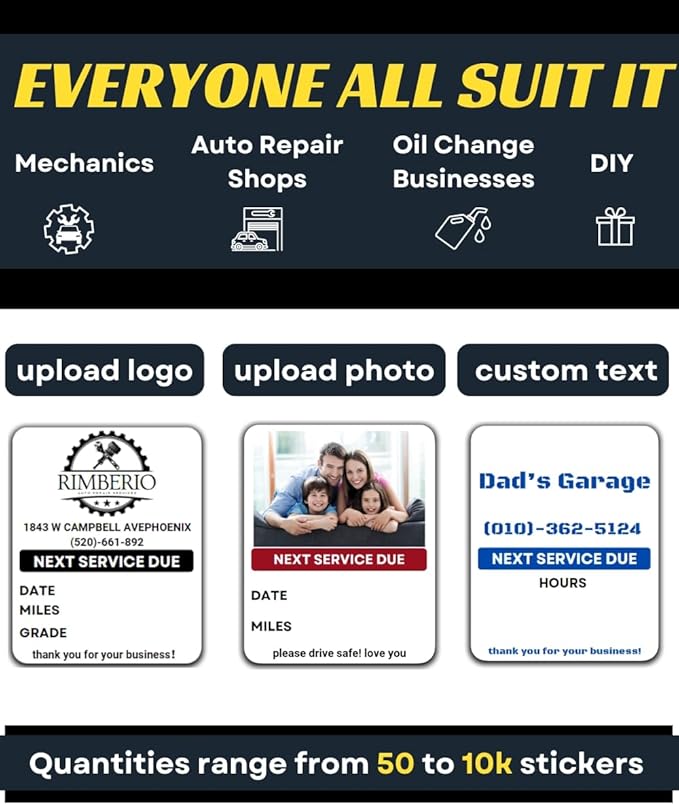 Oil Change Stickers for Windshield Personalized with Your Logo- Custom Oil Change Labels 2''-2.8'', Clear and White Next Service Due Labels for Car Auto Vehicle Window,50-10k Stickers (Small)