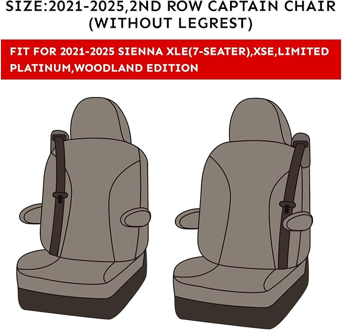 EKR Sienna Seat Covers for 2021-2025 Toyota Sienna XLE,XSE,Limited,Platinum,7 Seats,2nd Row Captain Chairs W/NO Legrest,Waterproof Seat Covers Full Set for Cars,Car Seat Protectors-Neoprene(Black)