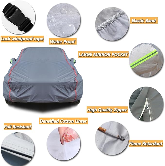 AUQDD 6-Layers PEVA New Material Sedan SUV Full Padded Car Cover Waterproof All Weather Weatherproof UV Sun Protection Snow Dust Storm Resistant Outdoor Exterior Custom Form-Fit Straps 165"-179" Grey