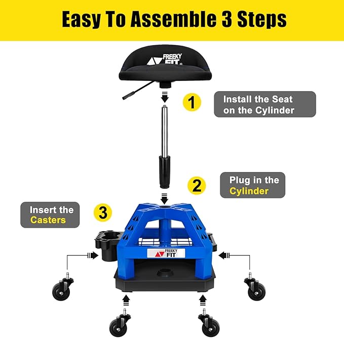 Rolling Shop Stool for Garage with Casters, DO02-Adjustable Height 360° Swivel Shop Seat with Tool Tray Storage, 330 LBS Capacity Padded Mechanic Stool, Magnetic Tool Hold, Heavy Duty, Blue
