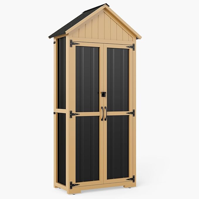 Outdoor Storage Cabinet with Shelf, Wood & Metal Storage Shed with Lockable Doors & Sloping Roof, Outdoor Cabinets Weatherproof for Patio Backyard, Garden Shed Tool Shed and Accessories, Brown