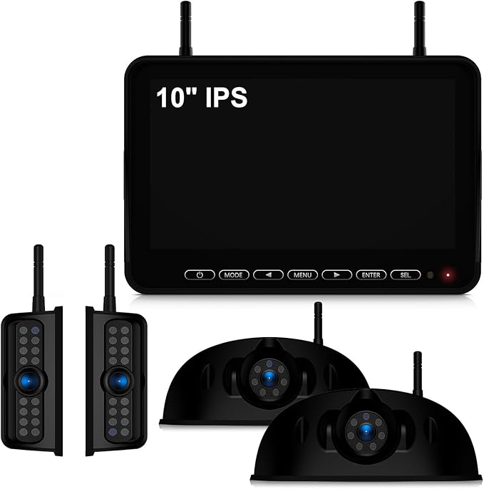 Fookoo HD 10" Wireless 4 RV Backup Camera System for Furrion Pre-Wired RV Truck Trailer, 10" IPS Monitor, 2 Side View 2 Rear View Cameras, Split Screen IR Night Vision Recording Waterproof - D10Y4