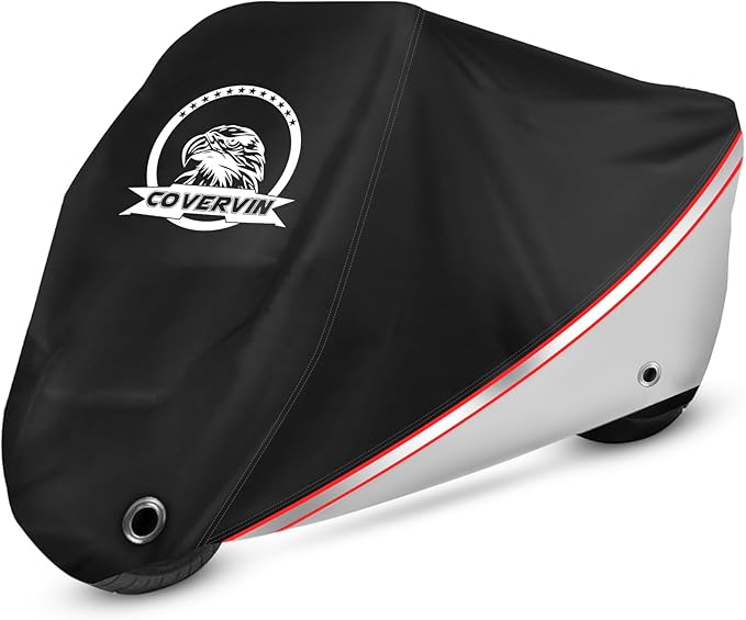 COVERVIN Motorcycle Cover, All Weather Outdoor Waterproof Night Protection with Reflective Strips, Locking Holes and Storage Bag for 86 Inch Suzuki, Kawasaki, Honda, Harley-Davidson(Silver M)