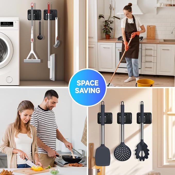 2-Pack Broom Holder with Heavy Duty Hooks, Upgraded Stainless Steel Mop Hanger. Wall Mount Utility Tool Rack for Kitchen Garden Laundry Garage. Matte Black.