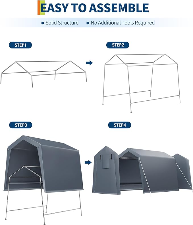 6x8 Ft Carport Heavy Duty Tent with Roll-Up Windows, Portable Garage with Removable Sidewalls & Doors, Car Canopy All-Season Tarp for Car Boat Truck Motorcycle, Grey