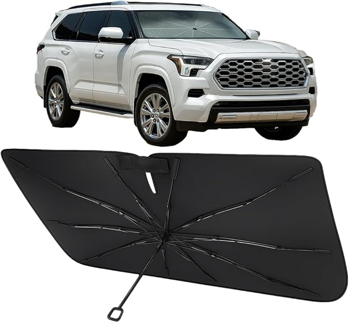 Proadsy Windshield Sun Shade Umbrella for Toyota Sequoia 2023-2025 2026 Foldable Car Umbrella Sunshade with Soft TPU Handle Spring Structure Crystal Cooling Material Protect Car from Rays & Heat