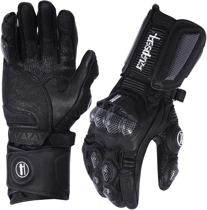 Harssidanzar Leather Motorcycle Gloves for Men and Women,Powersports Carbon Fiber Knuckle Protection Motorbike Gloves KM045