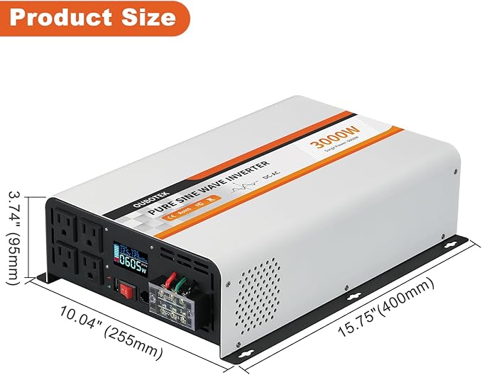 3000 Watt Pure Sine Wave Inverter, DC 12V to AC 120V with LCD Display, Remote Control, USB Port, 4 AC Outlets, and Terminal Block for RV Boat Camping Solar System and Home Use
