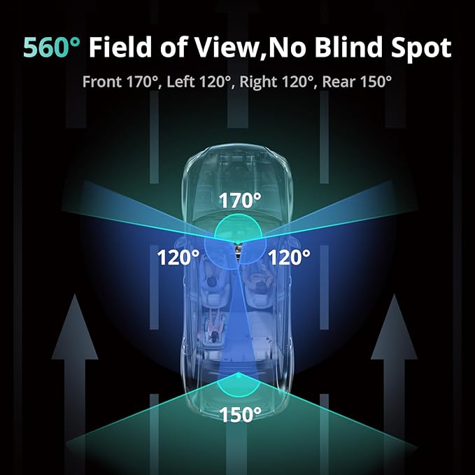 3K 4 Channel Dash Cam, 560° All-Sides View, Front and Rear Inside Car Camera with 3.18”Touch Screen, Dash Camera 24/7 Parking Mode, Built-in GPS 5.8G WiFi Night Vision Voice Control, Free 128GB Card