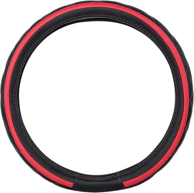 CAR PASS Sporty Quilting Leather Universal Fit Steering Wheel Cover,Fit for Suvs,Vans,Sedans,Trucks for 14.7" to 15" (Black & Red)