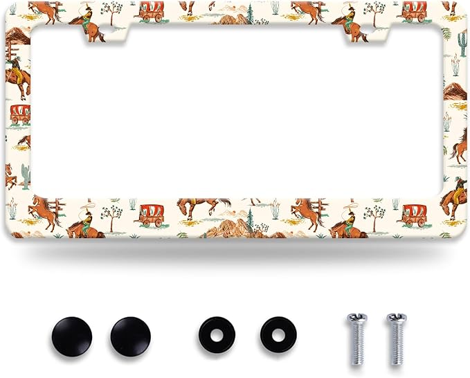 Western Cowboy License Plate Frame Horse Racing License Plate Holder Funny Personalise Car Stainless Stee Decorative Parts for Standard Us Canada Vehicles 12x6 Inch for Women Men