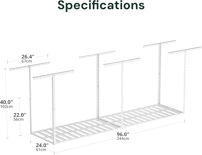 SunsGrove 2x8 Garage Storage Overhead Rack Organization, Adjustable Ceiling Mounted Storage Racks, 800LBS Weight Capacity, 22"-40" Ceiling Dropdown, White