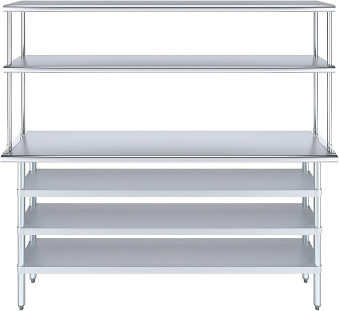 Amgood 14" x 72" Stainless Steel Work Table with 3 Shelves and 12" Wide Double Tier Overshelf | Metal Kitchen Prep Table & Shelving Combo | NSF