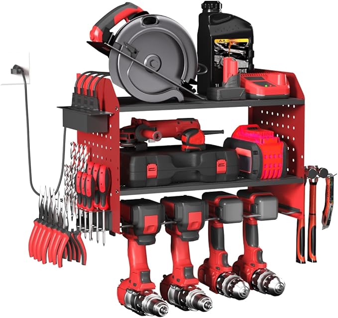 Power Tool Organizer Wall Mount – Adjustable Shelf, Side-Mounted 4-Outlet Charging Station | Heavy Duty Steel Drill Holder with Pegboards, Hooks & Drill Bit Rack for Garage & Workshop Storage(Red)