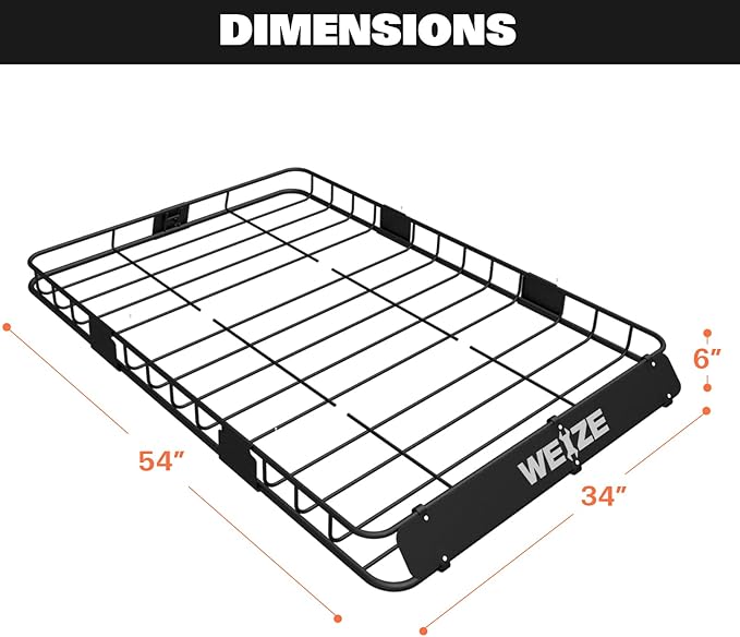 WEIZE 54" x 34" Heavy Duty Roof Rack, Rooftop Cargo Carrier Basket with Waterproof Bag, Tie Down Strap, Net, Rack Extension and Car Top Luggage Holder for SUV, 200lb Capacity, Steel Construction