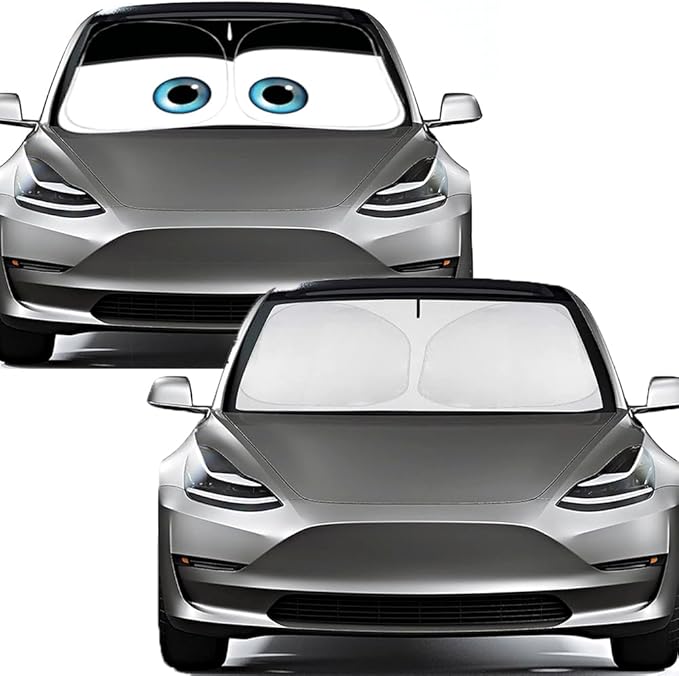 Gven Windshield Sun Shade for Tesla Model Y/3 Accessories 2025 Car Front Window Shade 100% Blackout Dual-Sided UV Protection (Black Eyes)