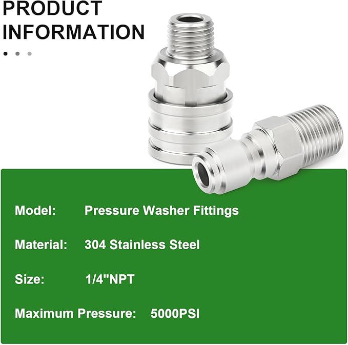 TAISHER 4PCS 304 Stainless Steel Pressure Washer Adapter Kit, Quick Connect Fittings，1/4" Male