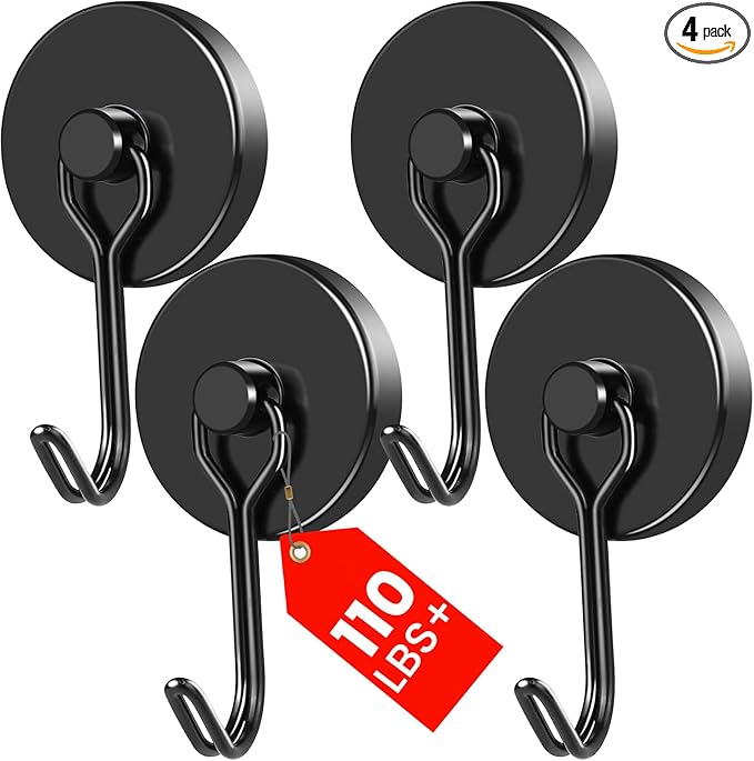 MIKEDE Black Magnetic Hooks Heavy Duty, 110LB Swivel Swing Strong Magnetic Hooks Cruise,Neodymium Hook Magnets for Hanging, Home, Workplace, Metal Door, Office and Garage - Pack of 4