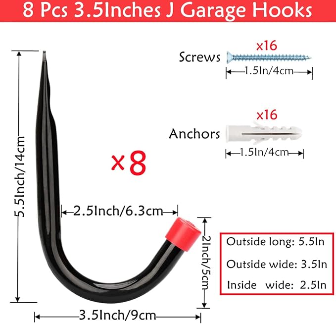 Garage Storage J Utility Hook, 8 Pack Heavy Duty Wall Mounted Hanging Hooks Organize Garden Tools, Gym Bags, Stroller, Toy,Power Tool, Black and Red