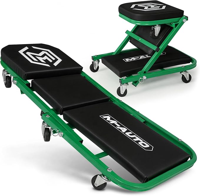 M-AUTO 40-Inch Folding Creeper Rolling Seat, All-in-One Adjustable Roller Garage Chair, Lay Down or Sit, 330LBS Capacity Under Car Roller Creeper with 6 Swivel Casters, Green