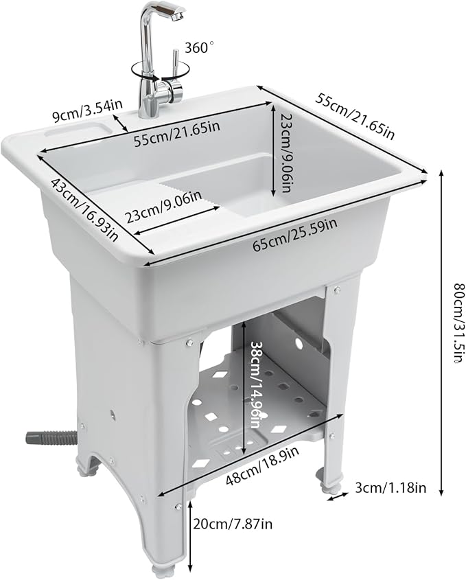 Freestanding Utility Sink Plastic Wash Station with Storage Shelf Indoor/Outdoor for Bathroom & Laundry (Gray, 25.6*21.65*31.5in)