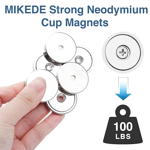 MIKEDE Strong Magnets with Hole, 100LB+ Heavy Duty Neodymium Cup Magnets with Stainless Screw for Wall Mounting, Rare Earth Magnet Round Base Cup Magnet, 1.26" D x 0.2" H, Pack of 6
