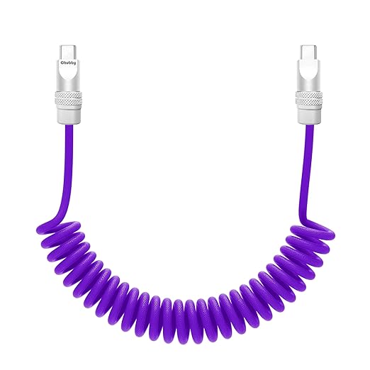 chubbycable Curly Chubby - Retractable Fast Charging Cable 240W Coiled Charger Cord for Car Durable USB-C Cable for Phones, Tablets and More, Purple, Type-C to Type-C, 1.3FT-2.3FT
