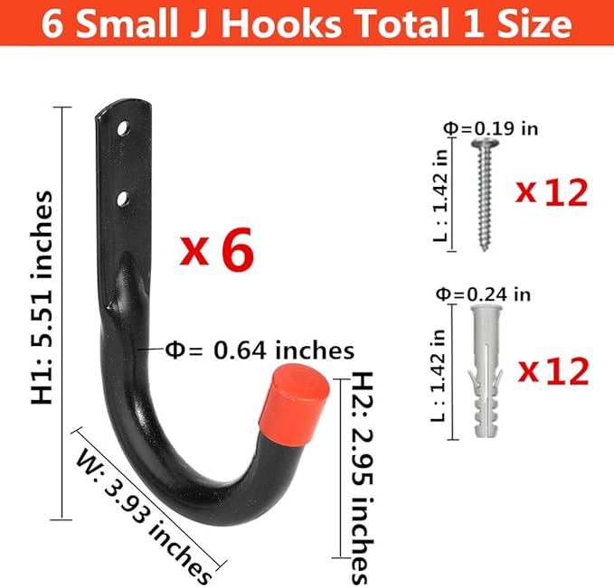 Wall Mount Utility Hooks Heavy Duty Steel Garage Storage Hanger Multi-Tools Holder Hanging Organizer (6 Pcs Black 4" Small J Hook)