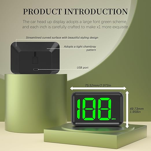 GPS Digital Speed Meter with MPH, Car Head Up Display for All Cars, USB Cable Plug & Play (X1-Green-New)