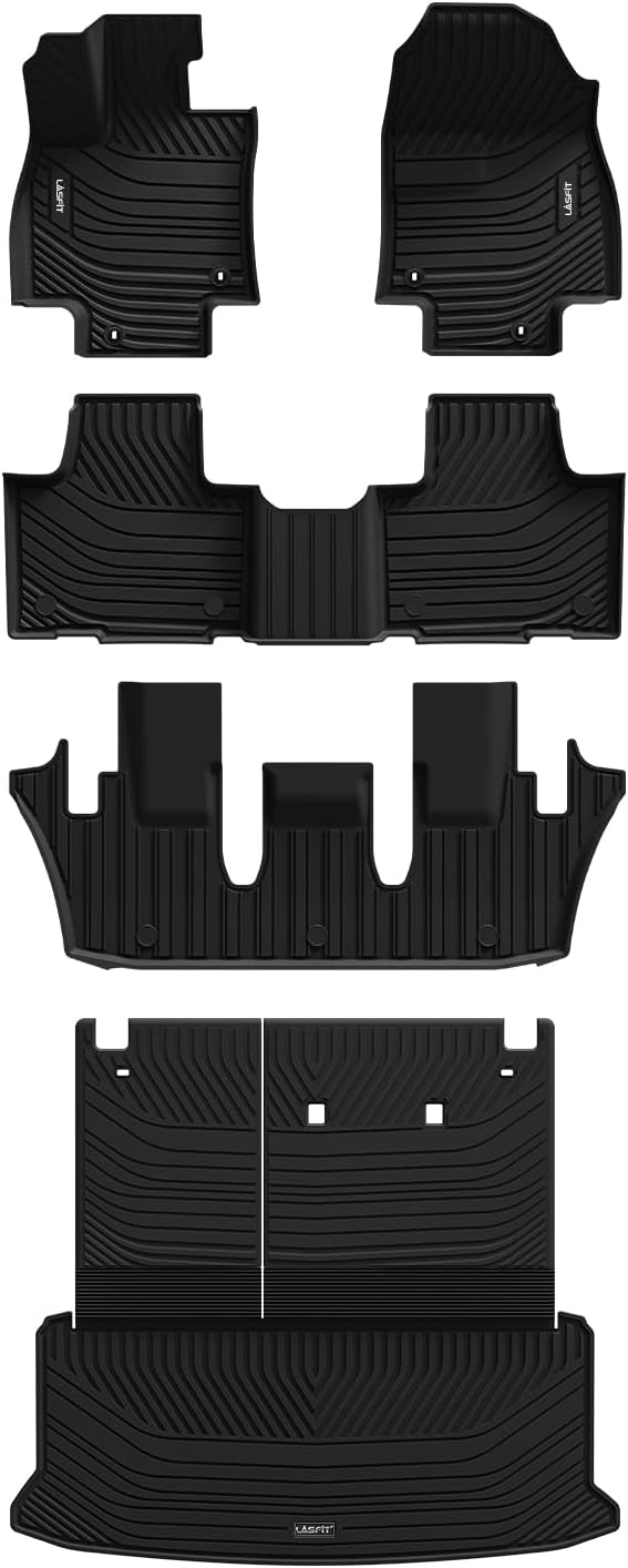 LASFIT Floor Mats for Toyota Grand Highlander 2024 2025 with Subwoofer (Include Hybrid), Trunk Mat Cargo Liner and Seat Back Covers TPE All Weather, Black