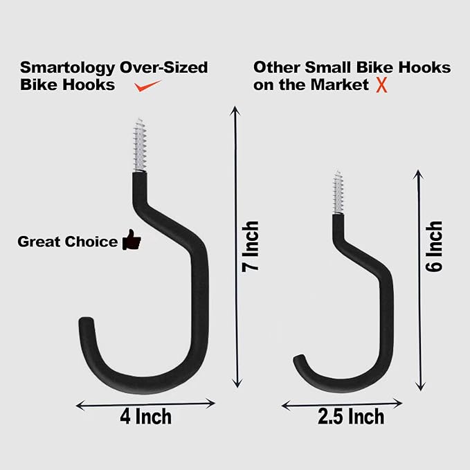 SMARTOLOGY Extra-Large Bike Hook, Bicycle Storage Hanger, Rubber Coated Heavy Duty Screw-in Ceiling Hooks for Tools, Garage Wall Organizer, 4 Pack, Fits All Bike Types, Vertical Bike Racks & Stands