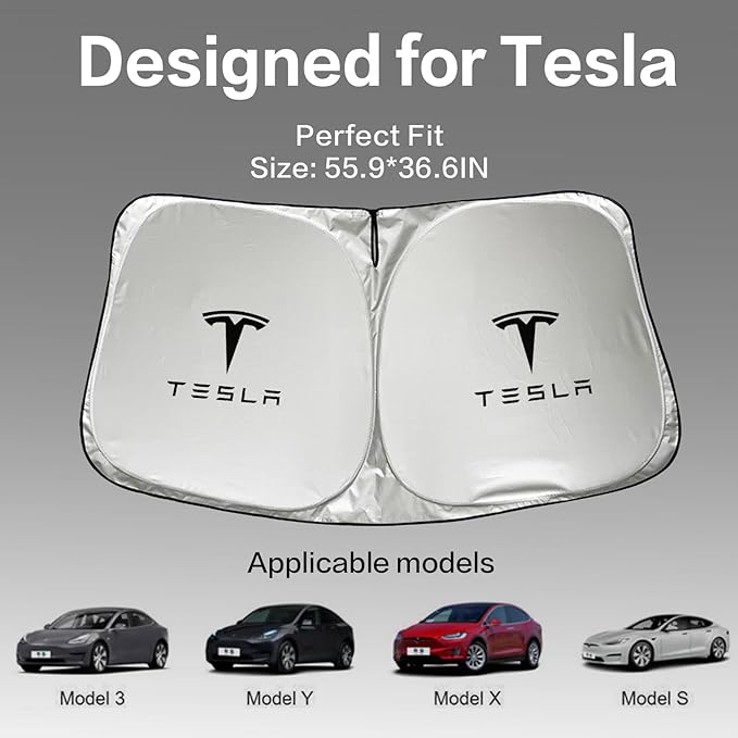 300T Sunshade for Tesla Model Y Model 3, Car Accessories 2025 for Tesla, Front Window Sunshade with Organizer Bag, Gifts for Tesla Owners (Blue)