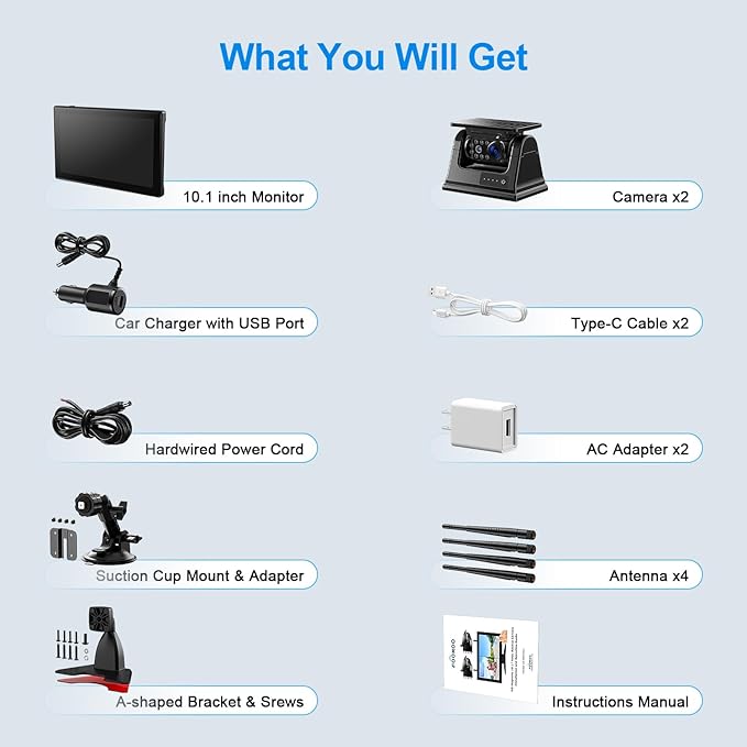 Fookoo 2 Magnetic Solar Wireless Backup Camera 10.1" IPS Touchscreen Monitor 1 Min DIY Install Portable Scratch-Proof No Drilling HD 1080P DVR Rechargeable Night Vision for RV Truck Camper - DCM102