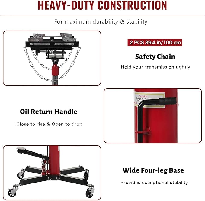 Transmission Jack with 1 Stage Hydraulic Ram, 1322 LBS Hydraulic Telescoping Transmission Jack with Foot Pedal & 360° Swivel Wheels, Heavy-Duty Garage/Workshop Jacks for Car/Truck Repairs, Red