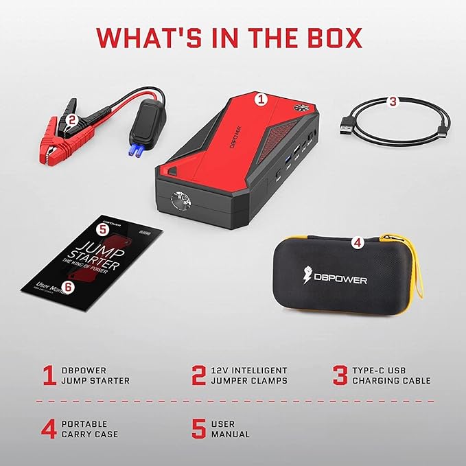 DBPOWER Peak 1600A 18000mAh Portable Car Jump Starter(up to 7.2 Gas, 5.5L Diesel Engines) Battery Booster with Smart Charging Port, LCD Display, Intelligent Jumper Clamps, Compass and LED Light