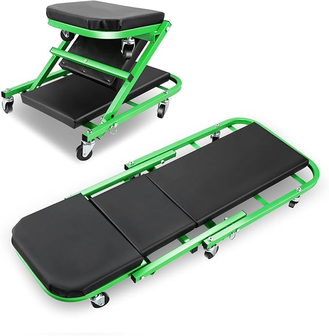 DNA MOTORING 40 Inches Folding 2 in 1 Rolling Z Creeper, Adjustable Roller Garage Chair Lay Down or Sit, 6 Pcs 2" Casters, 150kg Weight Capacity, Green, TOOLS-00187-GR