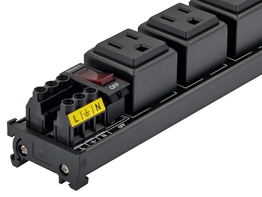 DIN Rail Mount AC 120V NEMA 5-15R 8 Receptacles Outlet Power Strip Module, with Rocker Switch Thermal Circuit Breaker Overload Protector