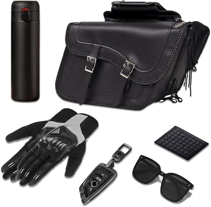 GARGOYLE BELLS Motorcycle Saddle Bags Synthetic Leather Motorcycle Luggage Bag Waterproof Throw Over Saddlebags For Softails Sportsters Choppers Dyna V-star Shadow (No Stud, Black, 16"x13"x11.5")