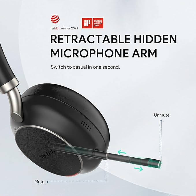 Yealink BH76 (2022 Old Edition) Wireless Headset Active Noise Cancelling (ANC) Bluetooth Headphone with Retractable Mic-Boom, Teams Certified On-Ear Headphone, up to 35h Talking Time, USB-A Dongle
