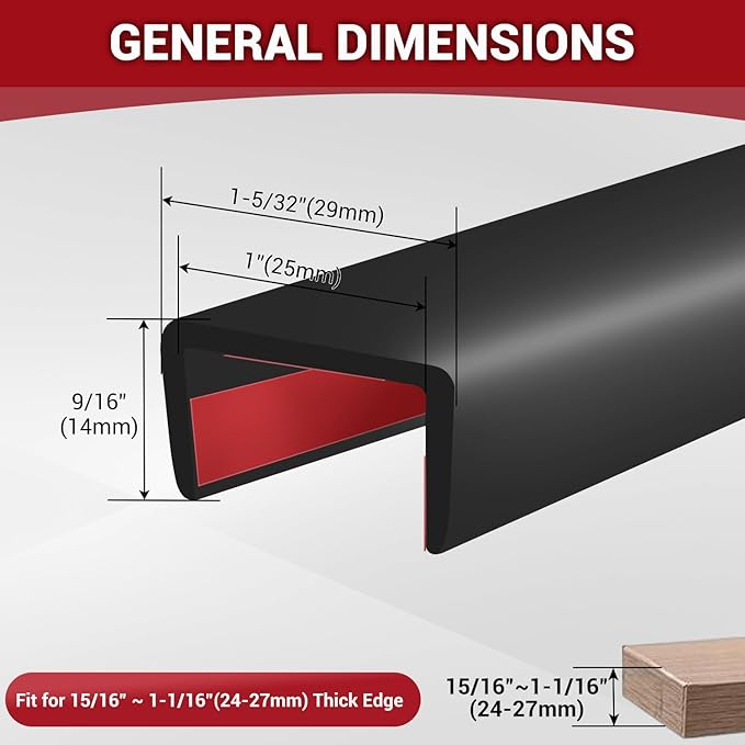 Rubber Edge Trim, 1" Self Adhesive Flexible U Channel Edge Protecter for Plywood, Tables, Desks, Cabinets, Counter Top, Wide U Shaped Edge Trim, Edge Banding, Black Color, 20Ft
