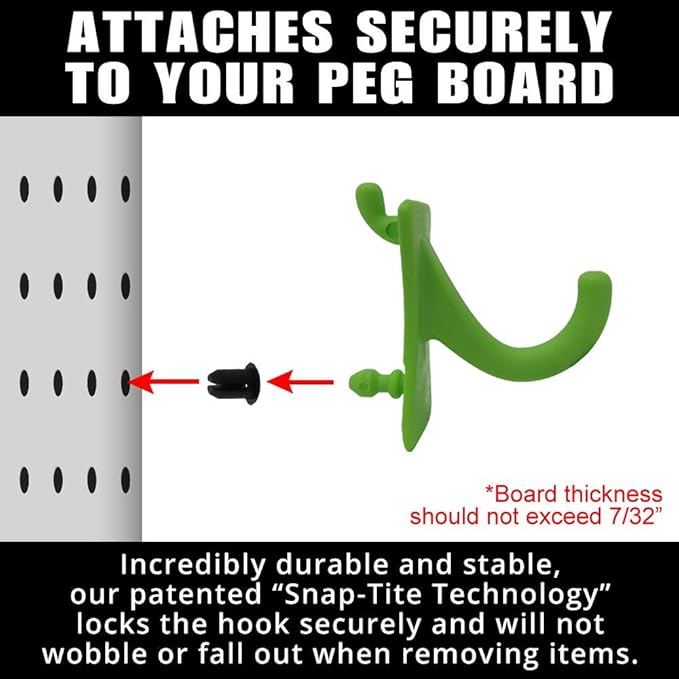 PegPro® J Hooks Kit for Standard “Wood Fiber” pegboard – Durable Plastic Pegboard Hooks - for Garage, Kitchen, Craft Room, and More (J Hook - 24 Pack, Kiwi)