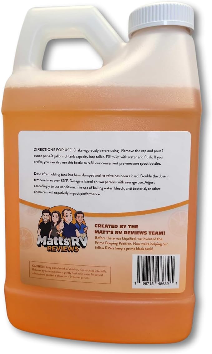 Liquified RV Toilet Treatment - Black Holding Tank Digester - Odor Eliminator - Orange Scent - Matts RV Reviews (Orange, 64oz)