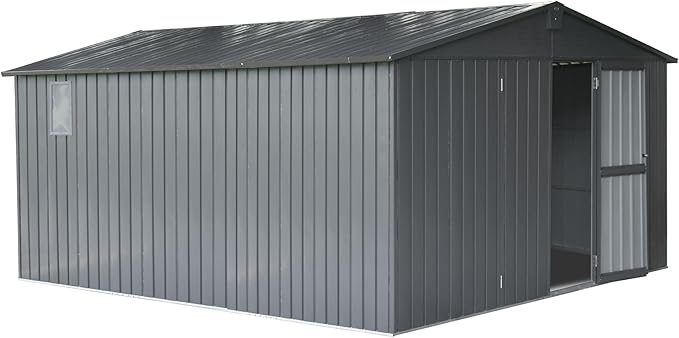IKERY Extra Large Galvanized Steel Storage Shed 11' x 12.5' with Windows & Lock - Garden & Utility Tool Shed for Backyard, Patio - Dark Gray