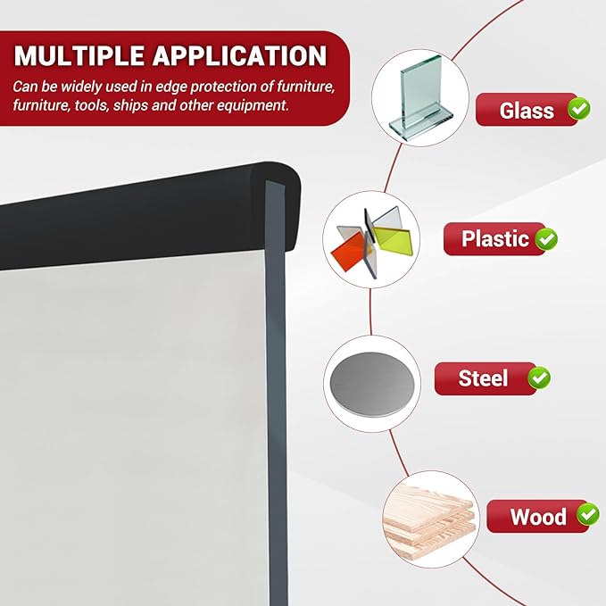 Rubber Edge Trim, 3/16" Self Adhesive Flexible U Channel Edge Protecter for Glass, Flexiglass and Plywood, Fit for 5/32"-7/32" Width Edge, Black Color, 20Ft, EPDM Material