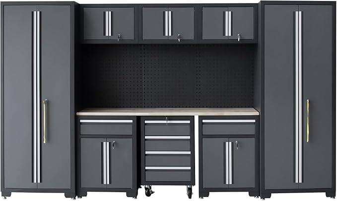 Garage Storage Cabinet System 9-Pcs Workshop Set Garage Cabinets and Storage System with Steel Cabinet Drawers, Rolling Chest, Workbench, Pegboard for Garage Tool Organization, Black and Grey