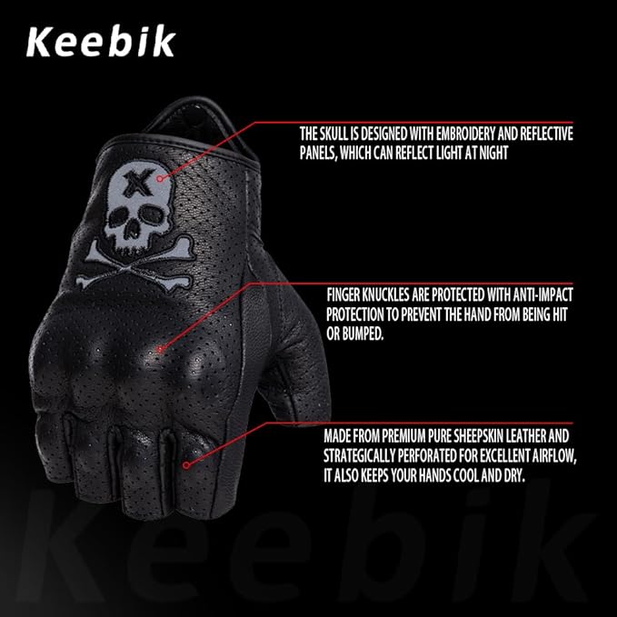 Goatskin Leather Motorcycle Motorbike Powersports Racing Gloves Reflective Skull Touchscreen for Men and Women Model