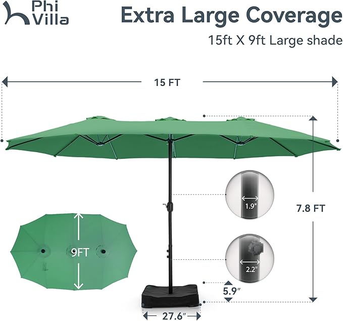 PHI VILLA 15ft Large Patio Umbrellas with Base, Outdoor Double-Sided Rectangle Market Umbrella for Pool Lawn Garden, Mint Green