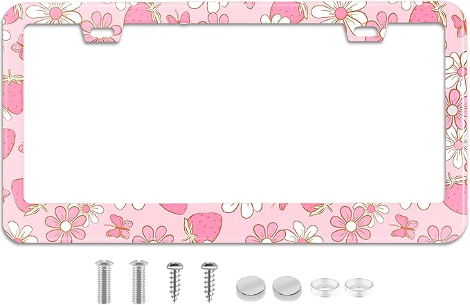 Pink Strawberry Butterfly Floral License Plate Frame Stainless Steel License Plate Frames Holder Covers Rust-Proof Auto Parts Decoration with Screws License Plate Holder for Car Accessories 12x6 Inch