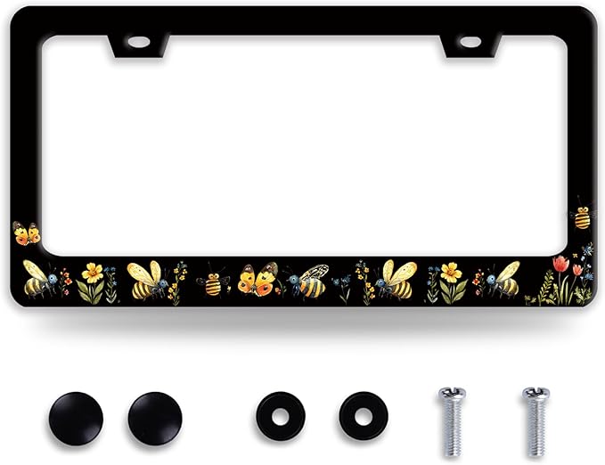 Queen Bee License Plate Frame Beautiful Butterfly Flower License Plate Holder Funny Stainless Steel Accessories Cars Decor with 2 Holes and Screws Fits Standard Us Ca Vehicles 12.2 X 6 Inch